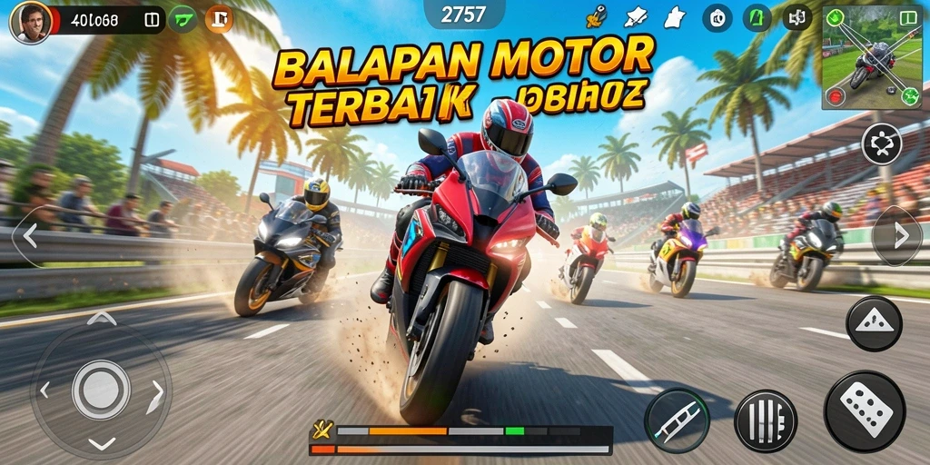 Tampilan balapan seru dengan motor di trek yang menantang.