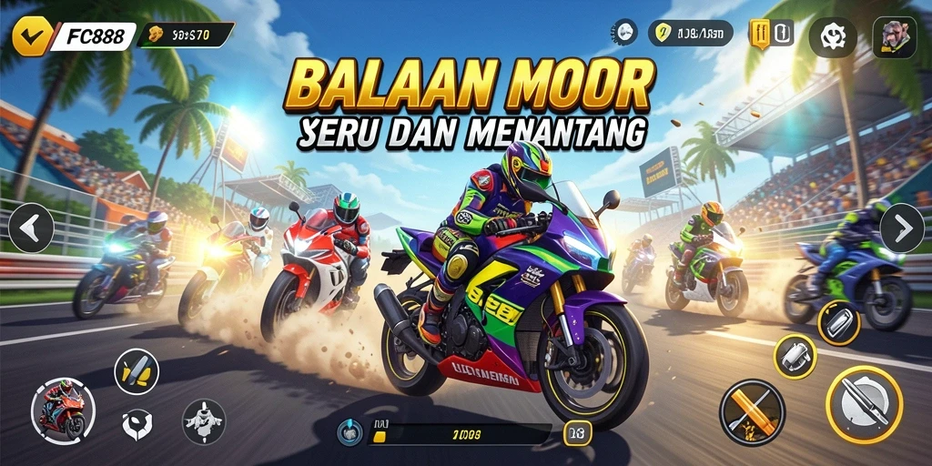 Tampilan gameplay FC888 yang mendebarkan dengan motor balap dalam aksi.