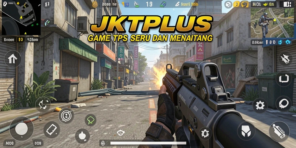 Tangkapan layar utama JKTPLUS menampilkan aksi tembak-menembak yang mendebarkan.
