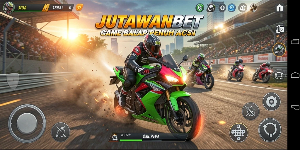Screenshot gameplay JUTAWANBET dengan aksi balap motor yang mendebarkan.