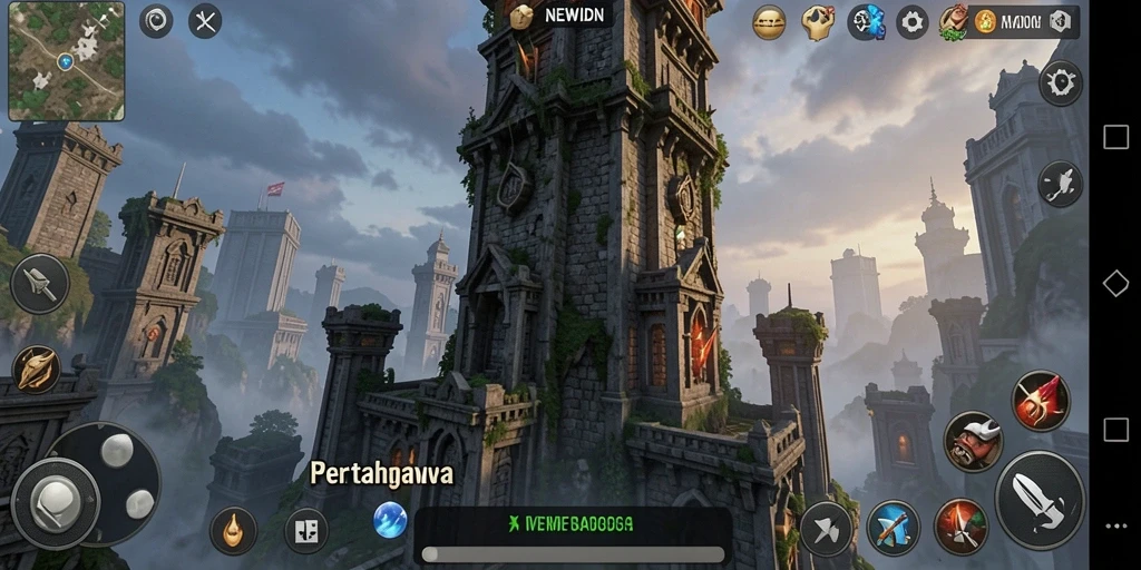 Screenshot gameplay NEWIDN menampilkan aksi menara bertahan yang intens.
