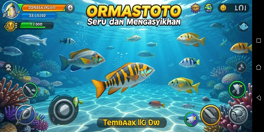 Tangkapan layar gameplay seru ORMASTOTO dengan ikan berwarna-warni.