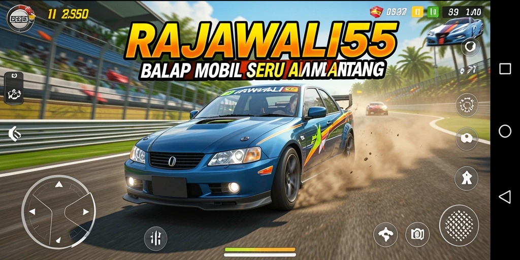 Screenshot menunjukkan gameplay balap mobil yang menegangkan di RAJAWALI55.